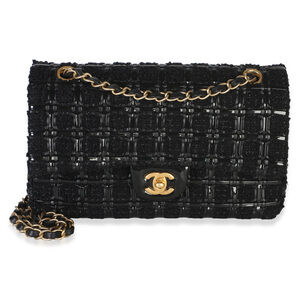 Chanel Black Tweed Woven Patent Medium Classic Double Flap Bag